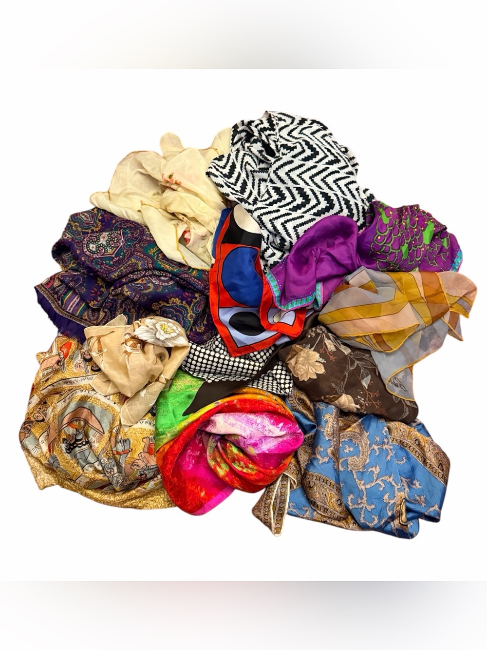 Bundle of 12 Vintage & Some Designer Scarves- Silk, Polyester, Cotton, Wool etc